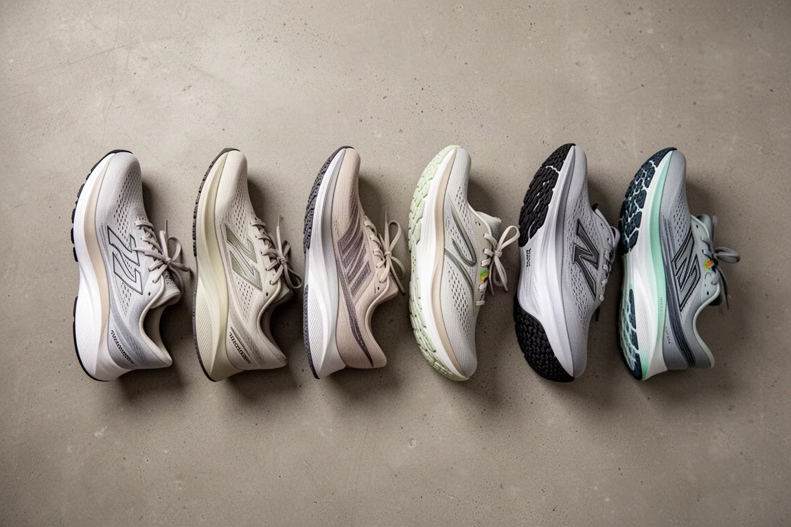 Vue de dessus de plusieurs chaussures de running disposées à plat sur un sol en béton