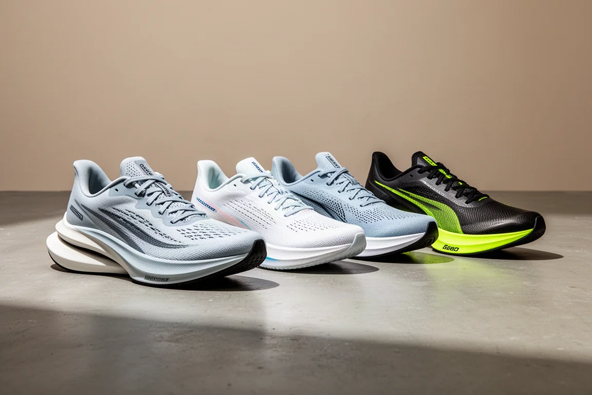 Lineup of modern running shoes of varying stack heights on a concrete surface
