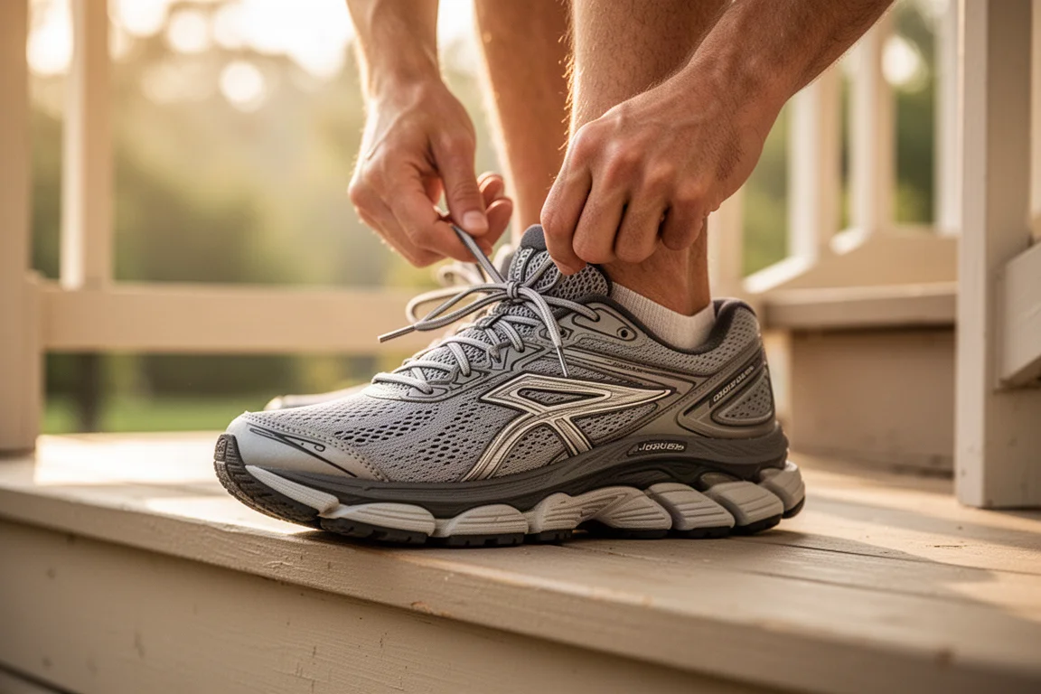 Runner tying laces on a high-cushion daily trainer before an easy morning run