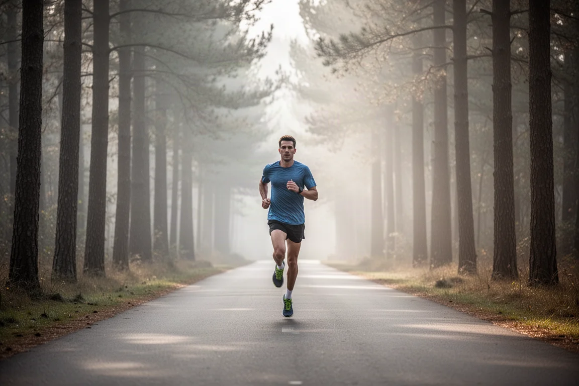 Runner settling into a relaxed rhythm on a long, quiet paved trail