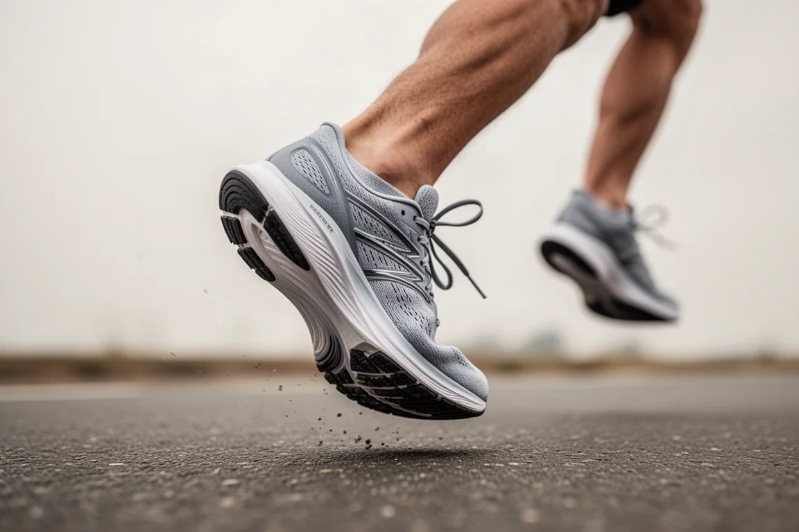 Close-up of a lightweight trainer flexing at the forefoot during a fast road workout