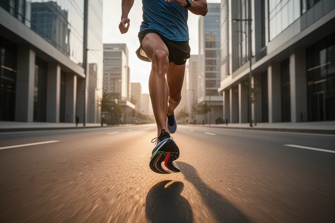 Carbon-plated racing shoe mid-stride on an empty city street at dawn