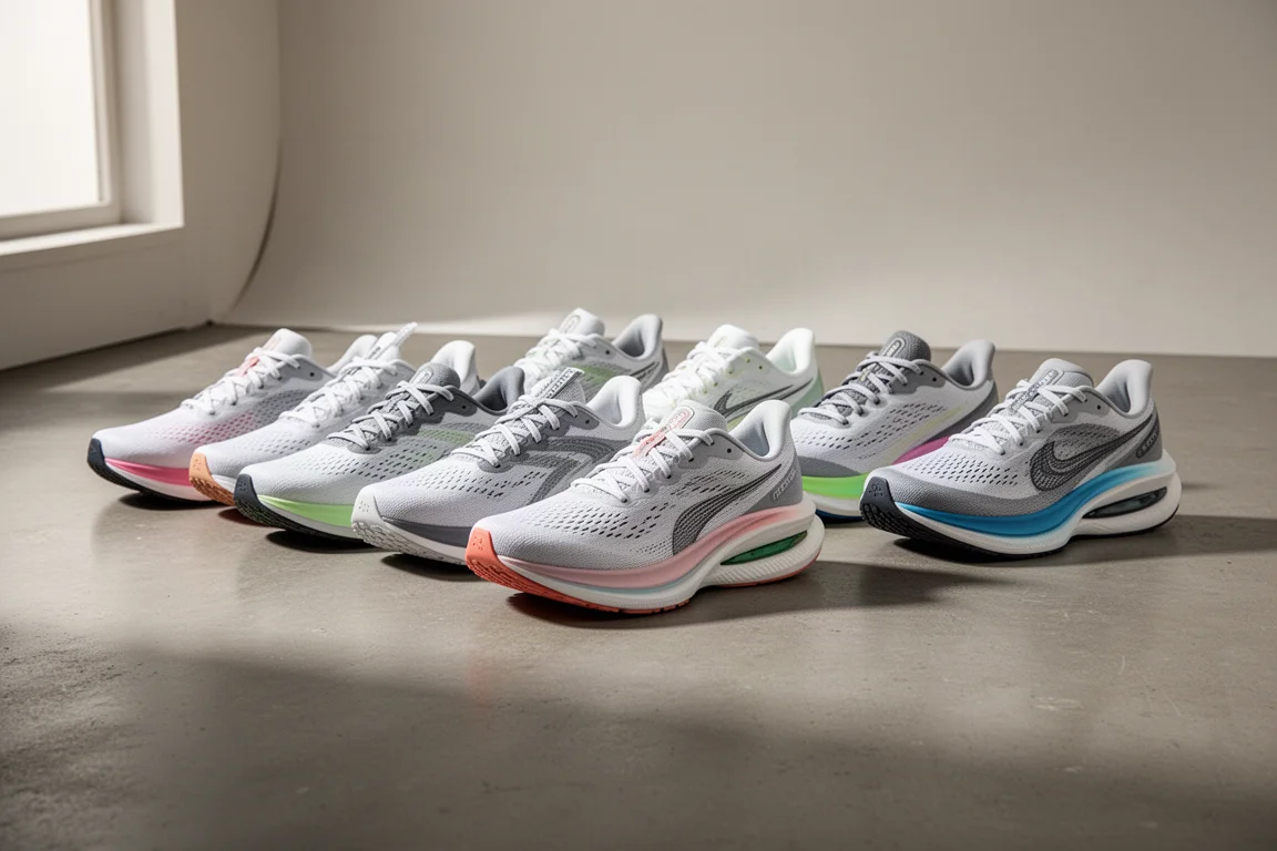 Lineup of nine modern running shoes on a concrete studio floor