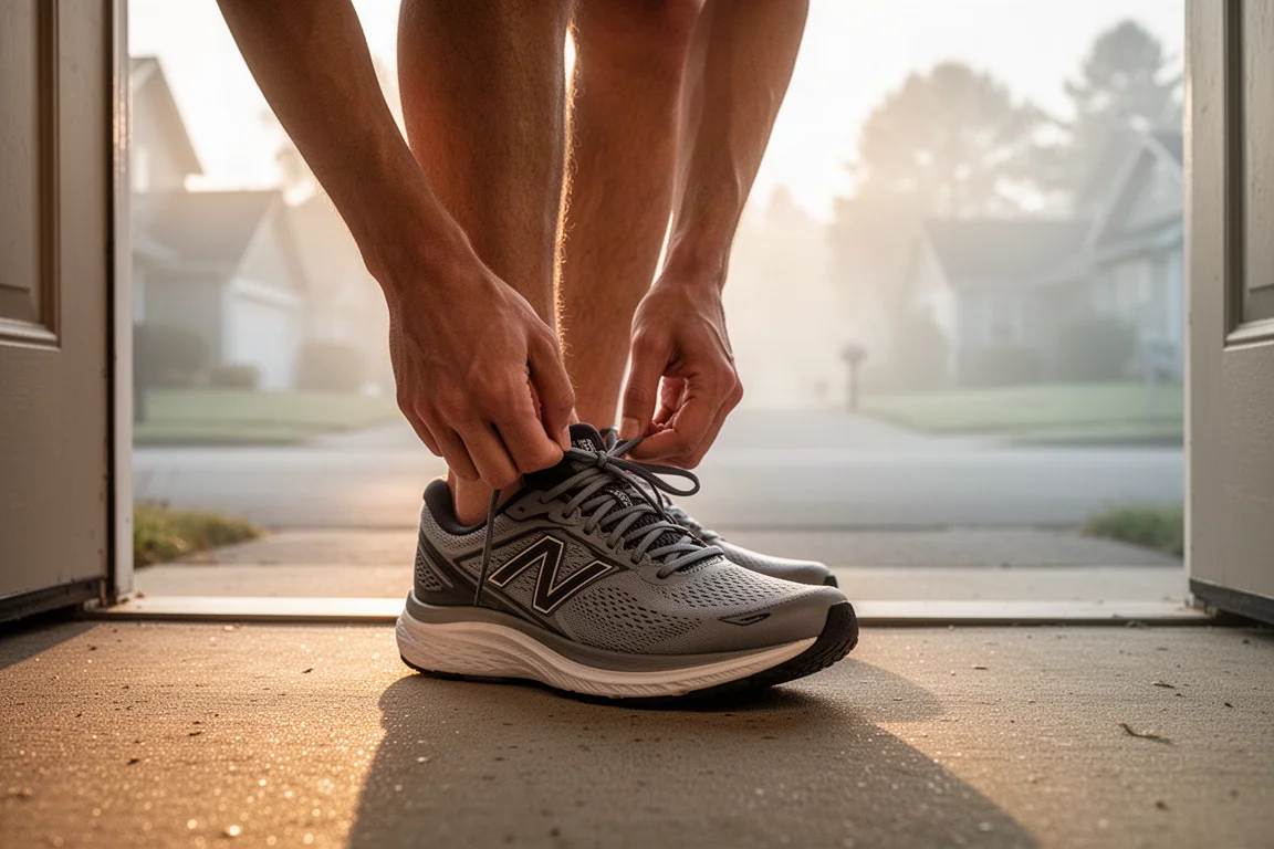 Corredor novel atándose los cordones de una zapatilla de running moderna al amanecer