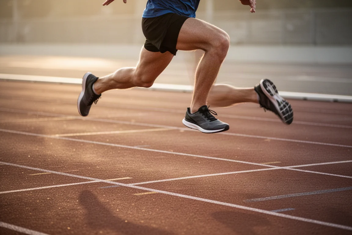 Corredora haciendo sprints en series sobre una pista de atletismo al aire libre