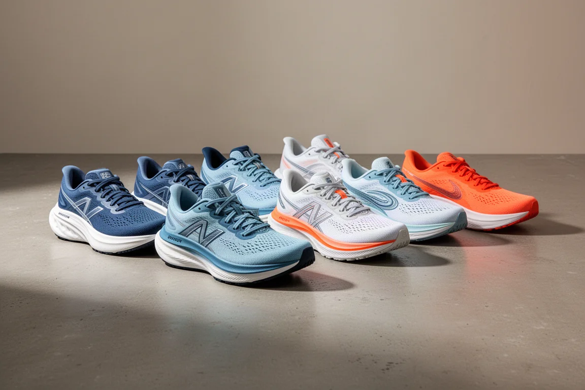 Eight modern running shoes arranged in a row on a concrete surface