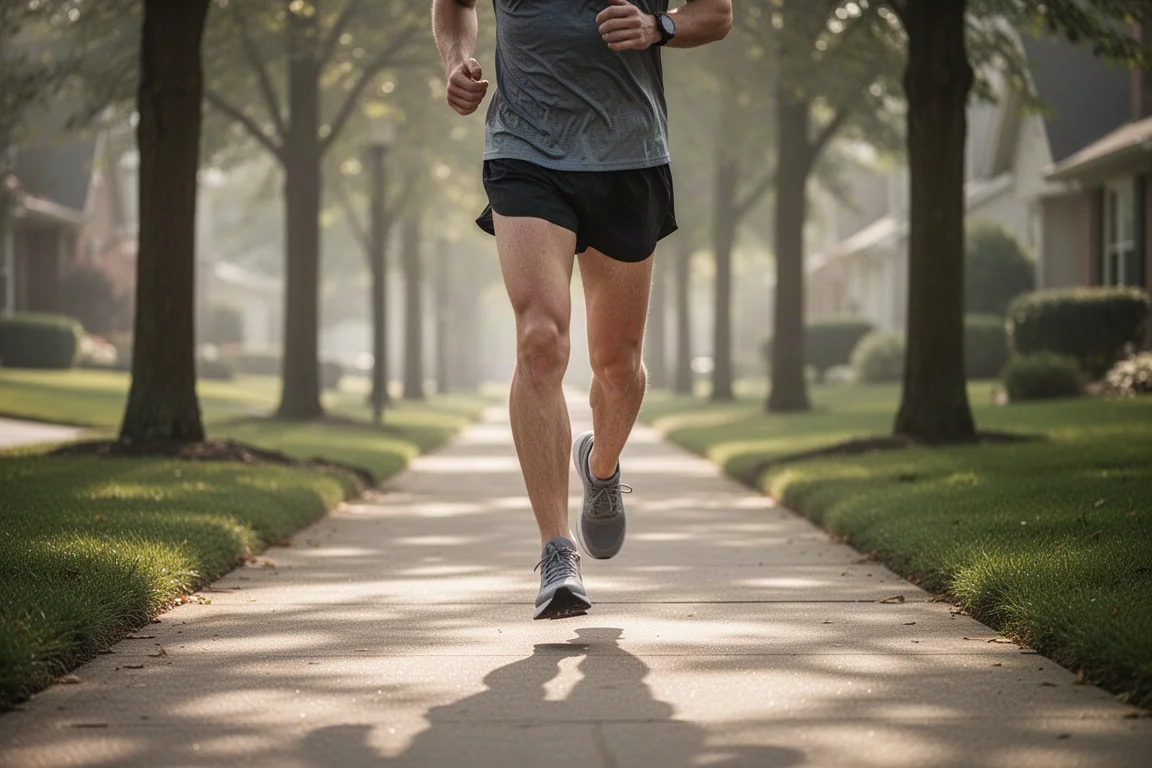 Löpare som joggar i lugnt tempo på en parkstig i mjukt dagsljus
