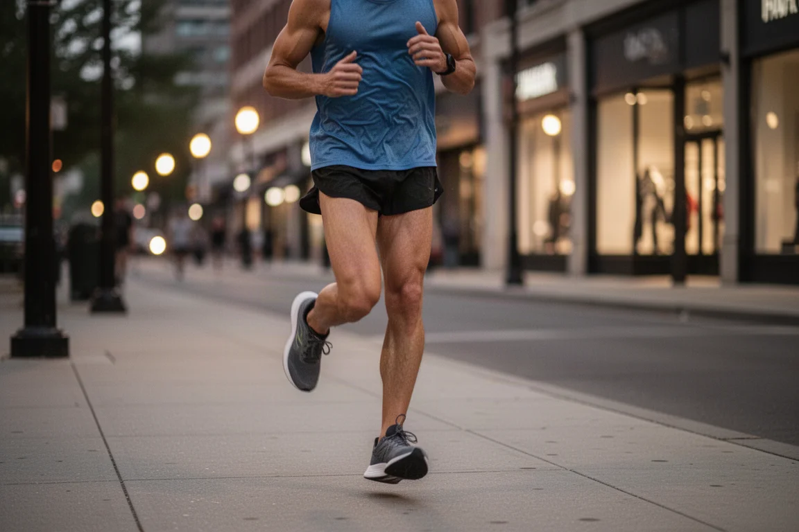 Athlete running fast tempo intervals on a track in the late afternoon