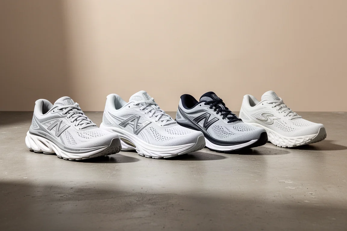 Lineup of five modern running shoes on a concrete surface