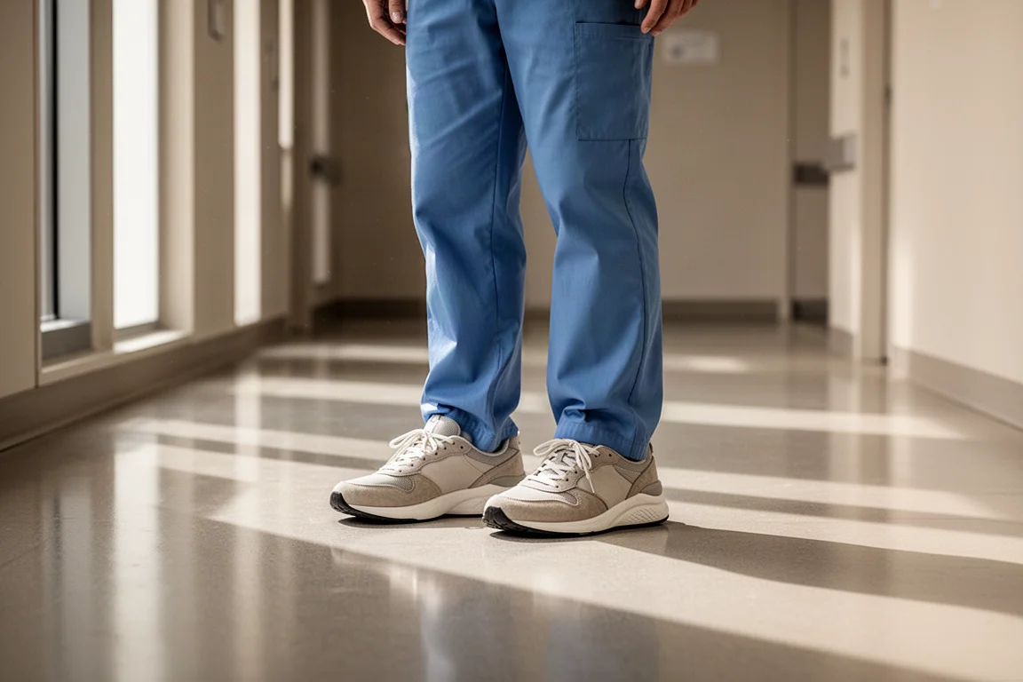Verpleegkundige in zachte sneakers staand op een gepolijste gangvloer van een ziekenhuis
