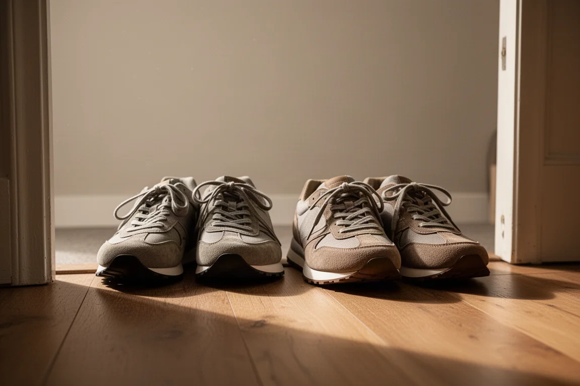 Werkschoenen netjes op een rij bij de voordeur aan het einde van een lange dag