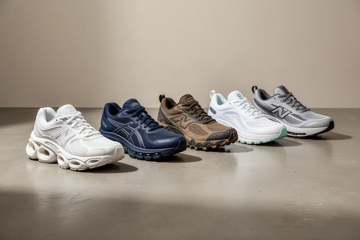 Lineup of six cushioned running shoes on a concrete studio floor