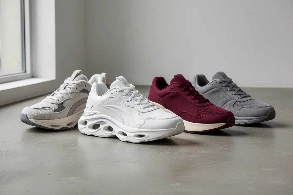 Four running shoes lined up on a concrete surface
