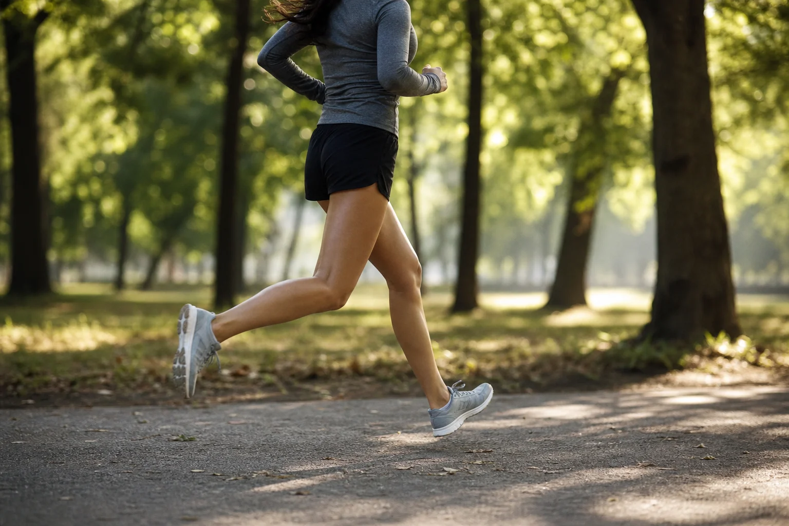 Woman runner jogging on tree-lined path in soft morning light