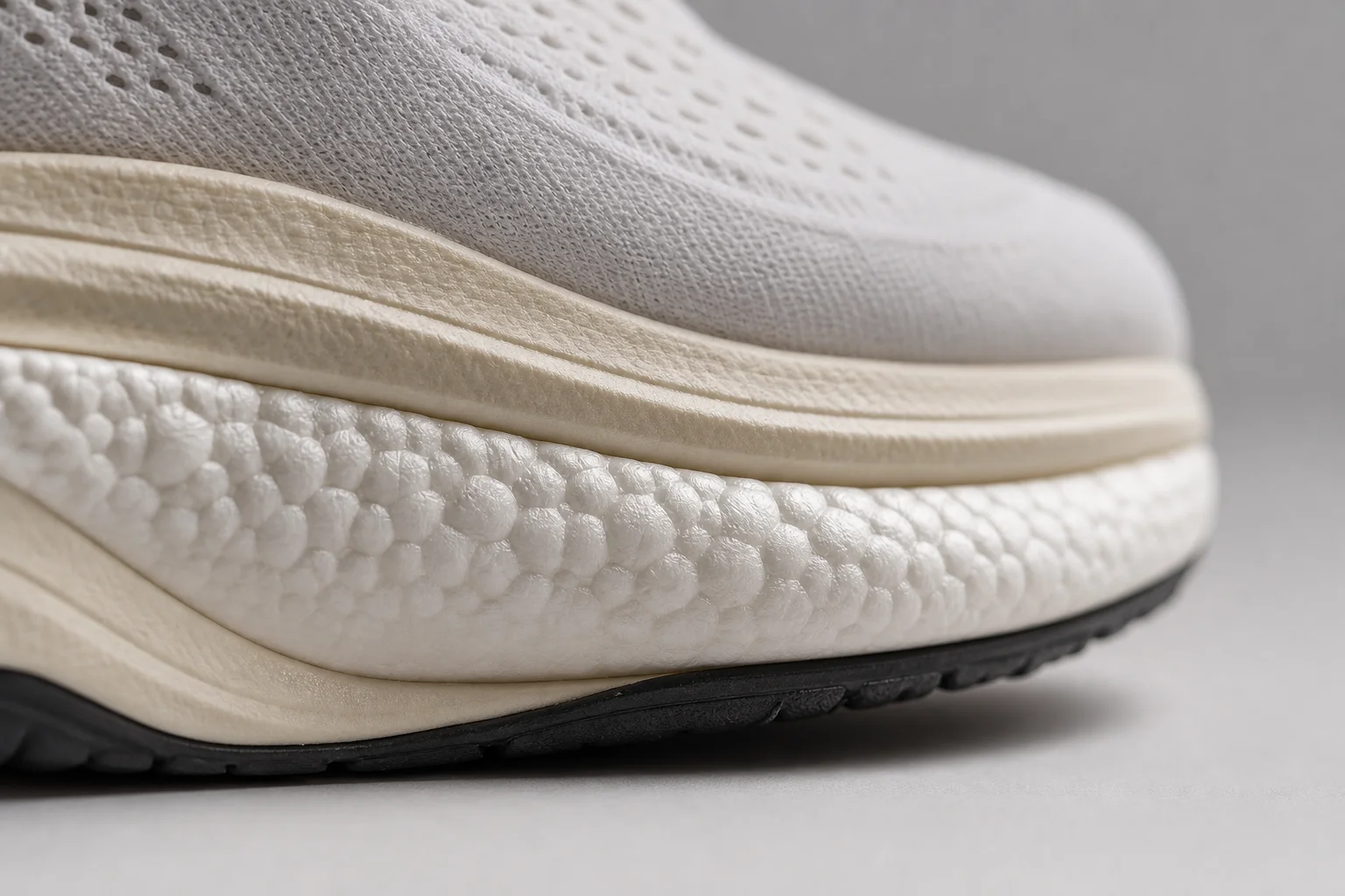 Close-up of running shoe midsole foam and cushioning detail