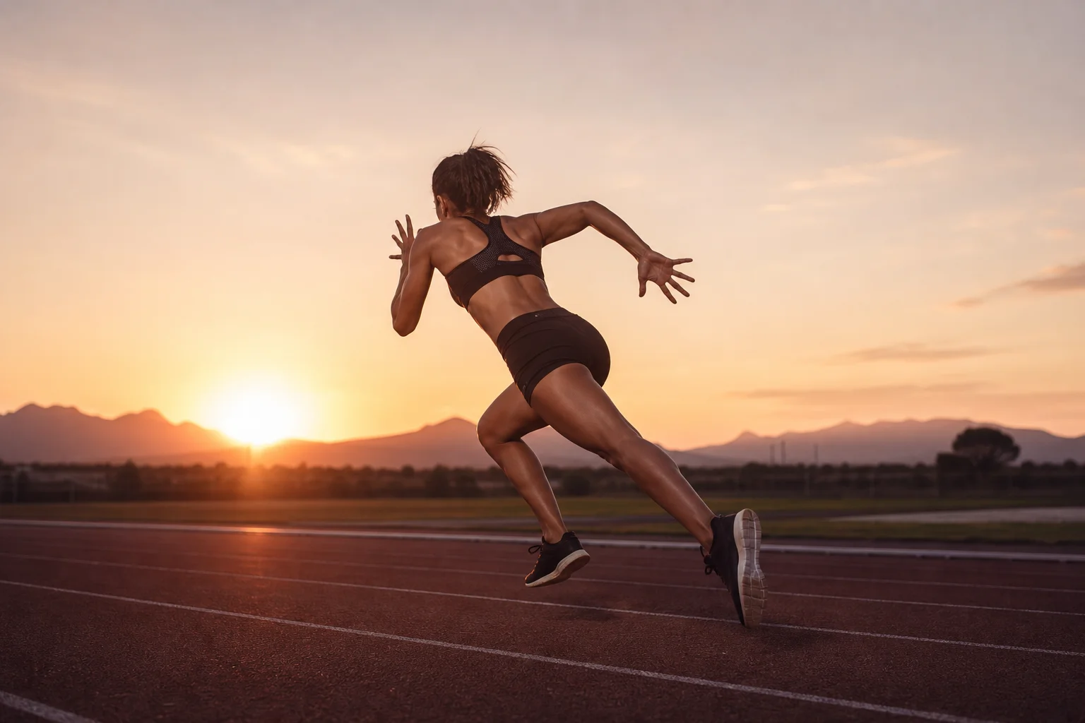 Female runner in racing position on outdoor track at sunset