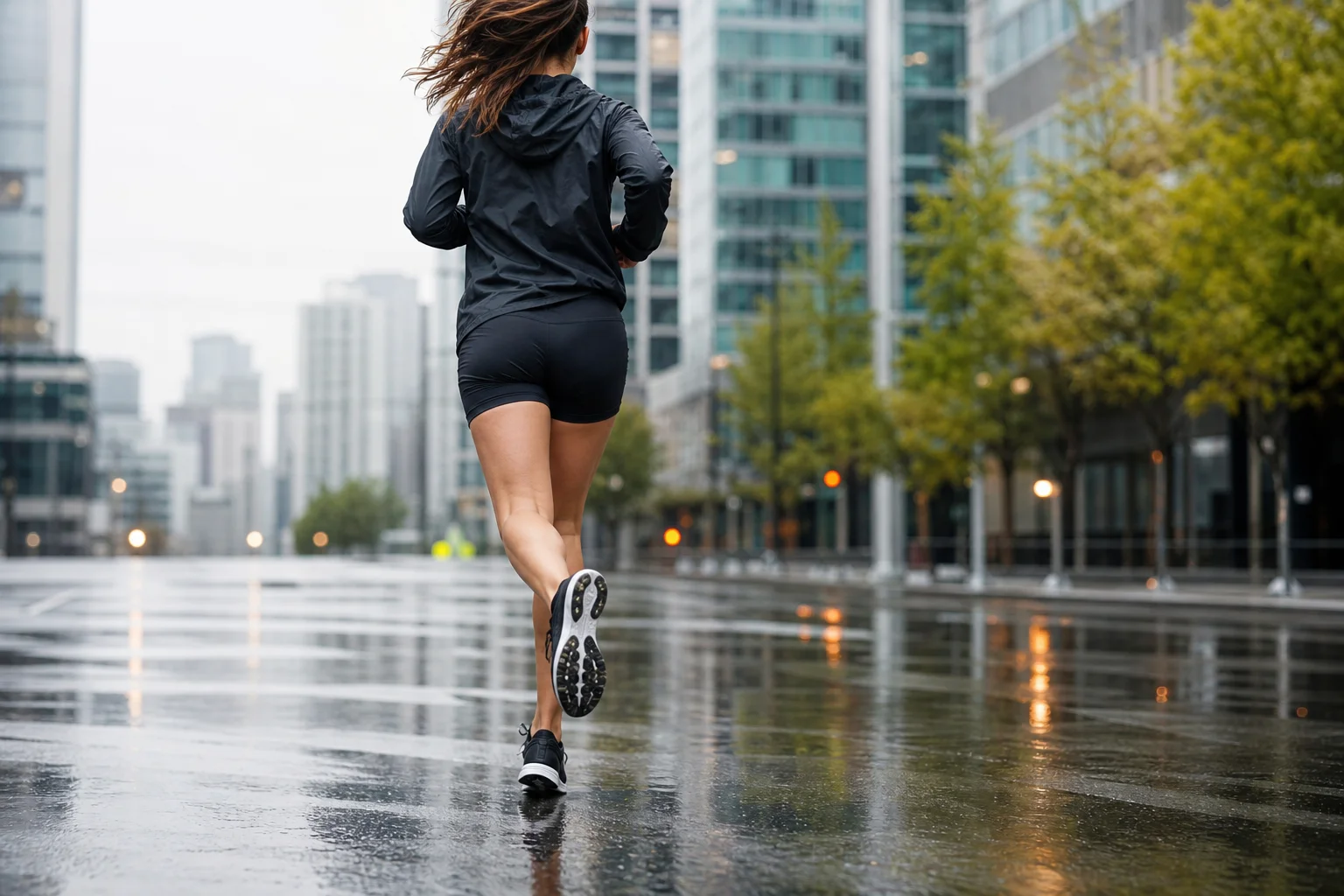 Woman runner on wet urban street with reflective surfaces