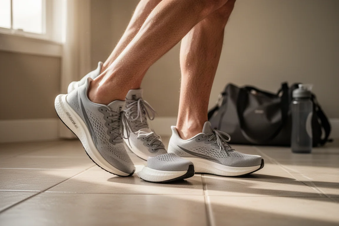 Runner lacing up a pair of lightweight road running shoes before a morning run