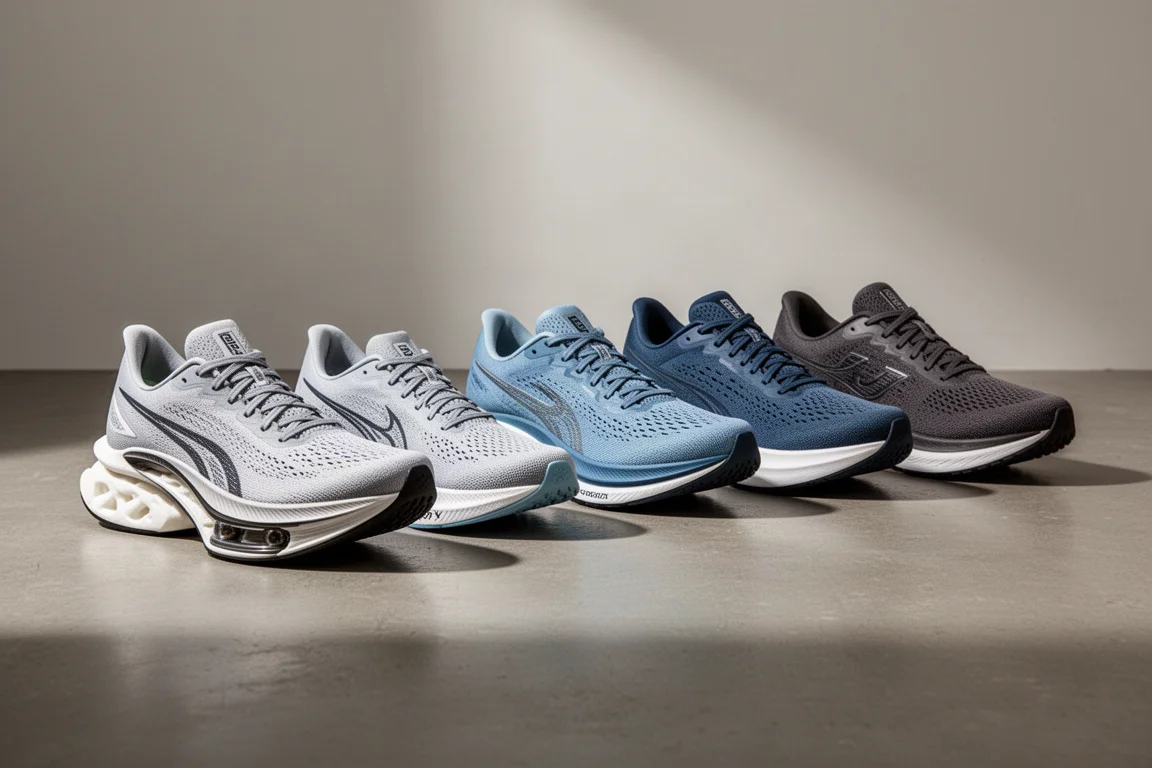 A row of modern running shoes from lightweight racers to cushioned trainers on a concrete floor