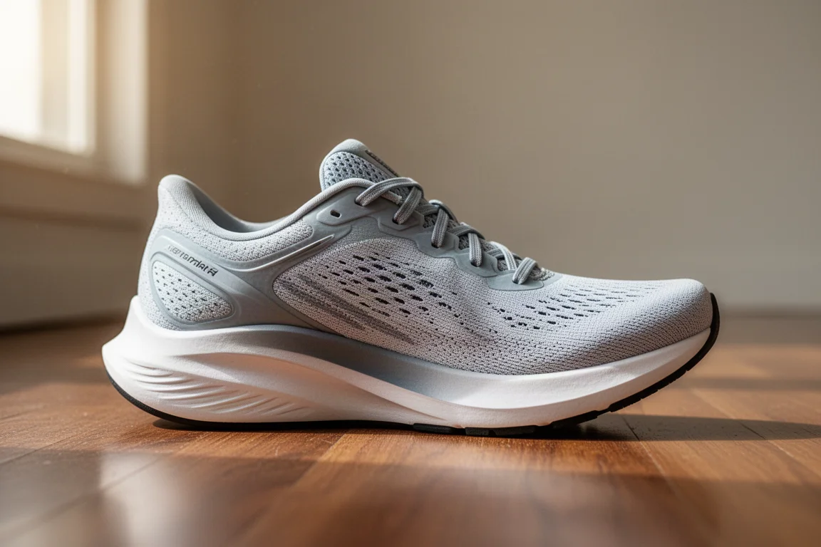 Close-up of a runner's foot flexing inside a rockered running shoe
