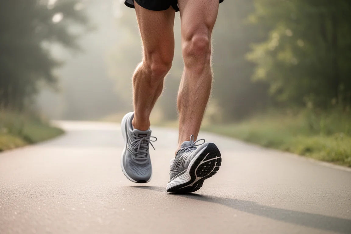 Runner walking on a paved path in cushioned running shoes