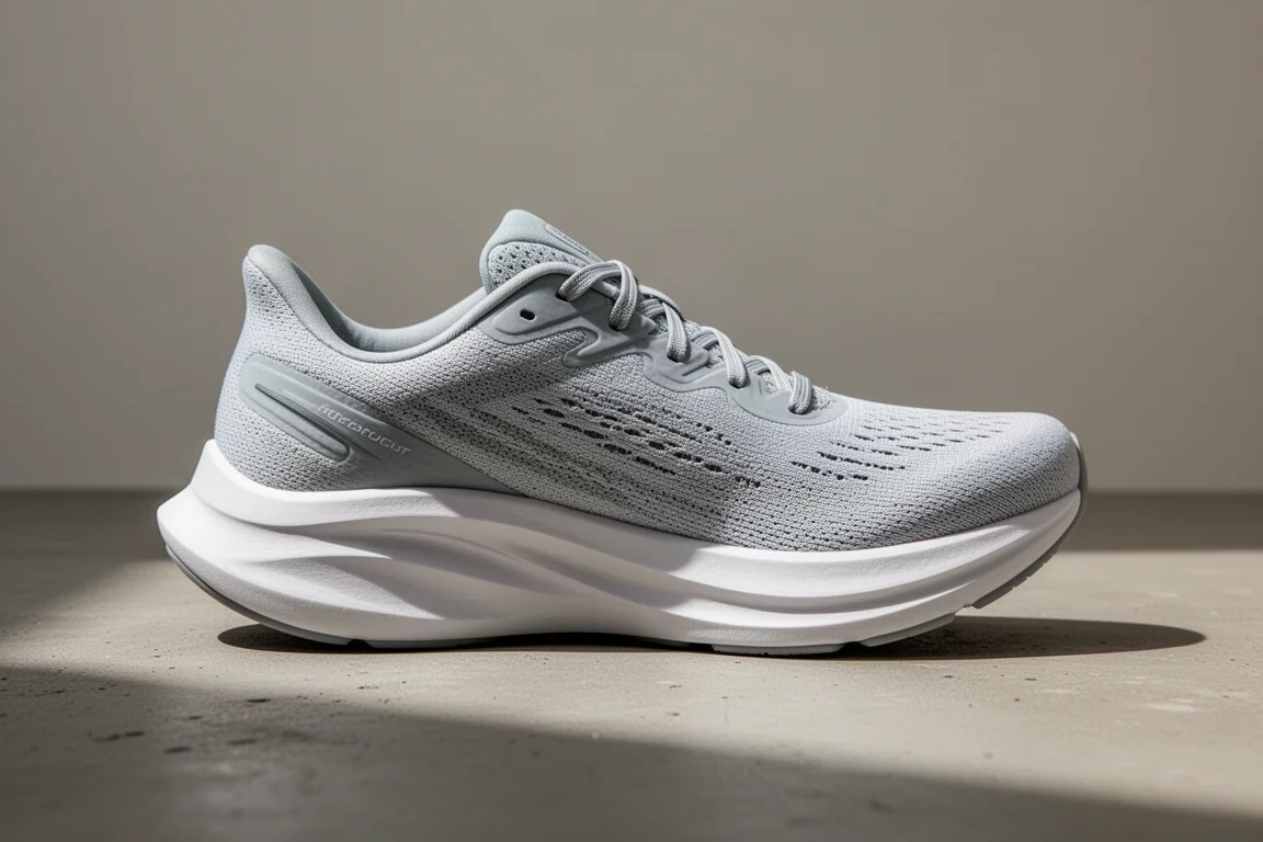Side profile of a running shoe midsole showing a gentle rocker curve