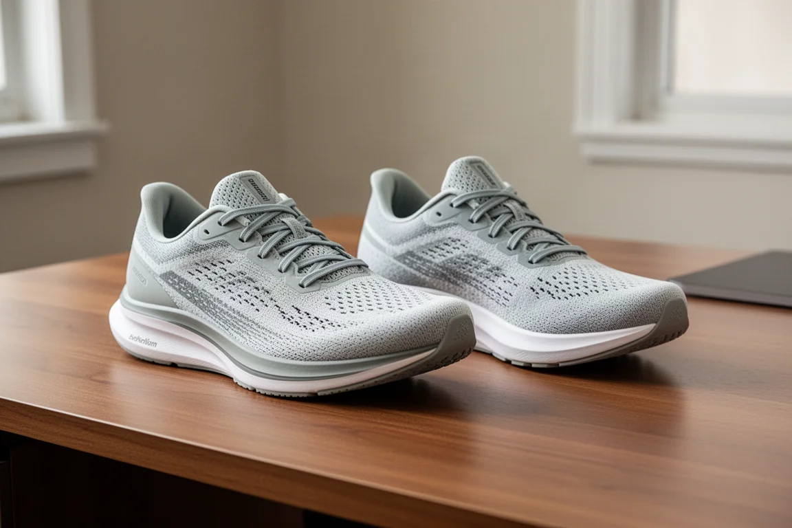 Two running shoes placed side by side on a neutral studio surface