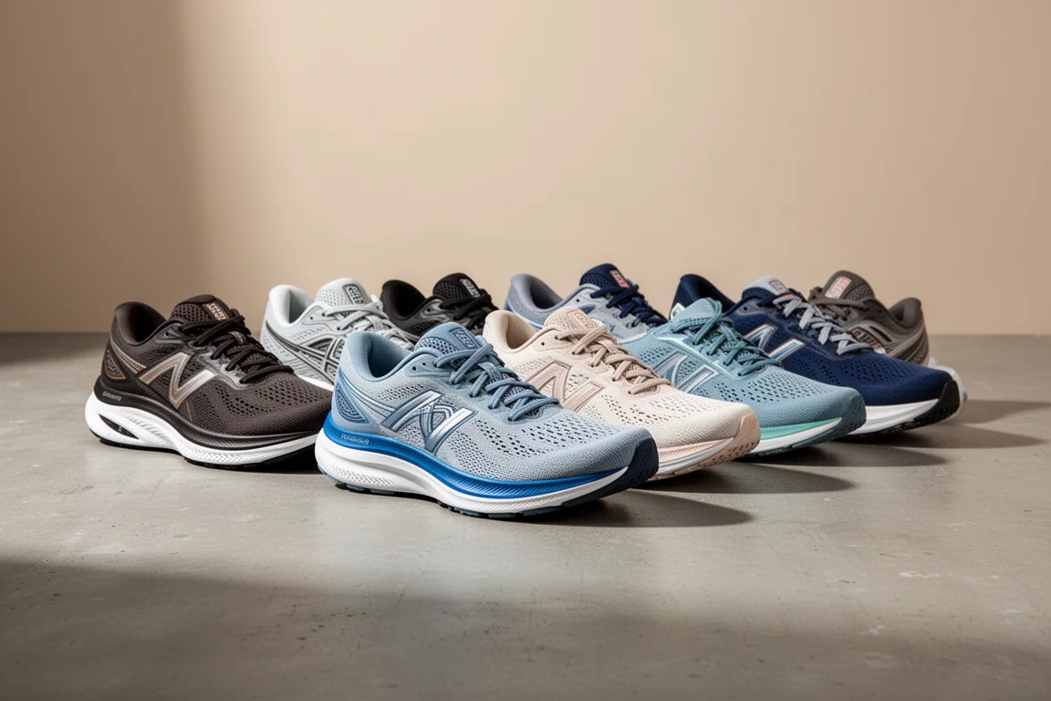Eight running shoes arranged in a row on a concrete surface