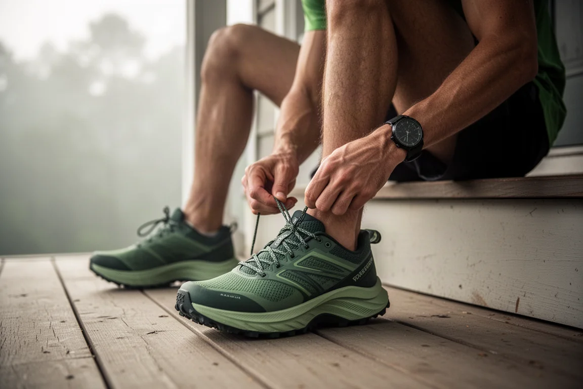 Un runner allaccia una scarpa trail alta e imbottita su un portico di legno prima di una corsa mattutina