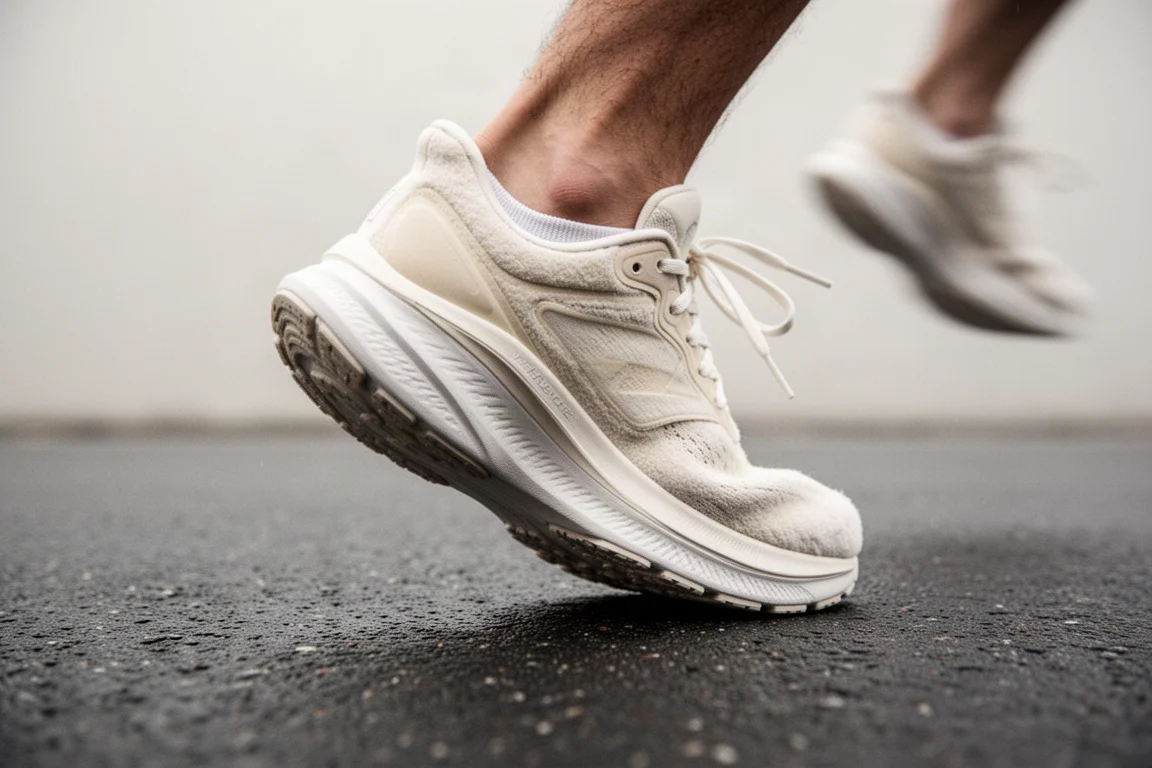 Primo piano della suola intermedia morbida di una scarpa da running che si comprime sotto il piede sull'asfalto liscio