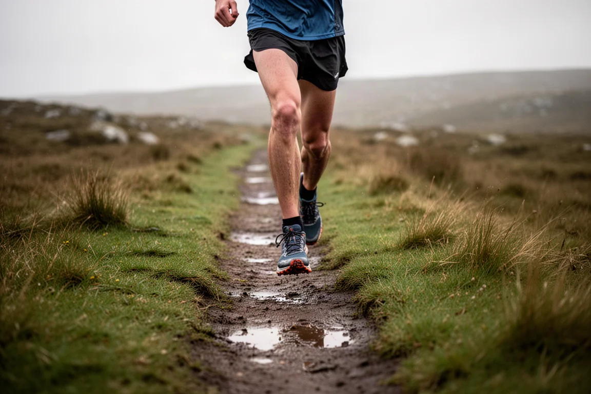 Trail runner che avanza rapidamente su un sentiero erboso stretto con scarpe trail a profilo basso