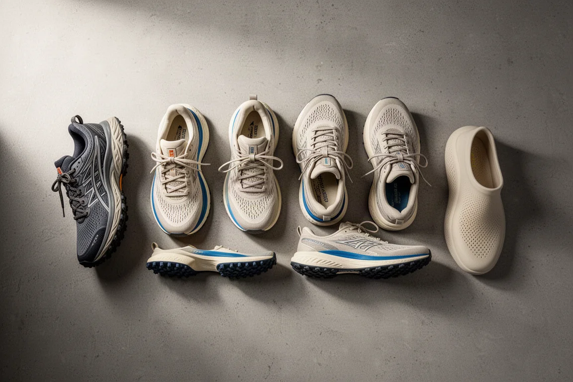 Flat-lay of multiple running shoes including trail, road and recovery models on concrete