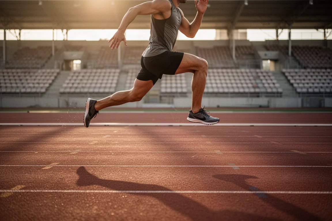 Sportowiec biegnący szybkie interwały na pustej bieżni lekkoatletycznej w złotej godzinie