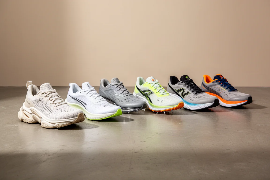 Eight running shoes of varied designs arranged in a row on a concrete studio floor