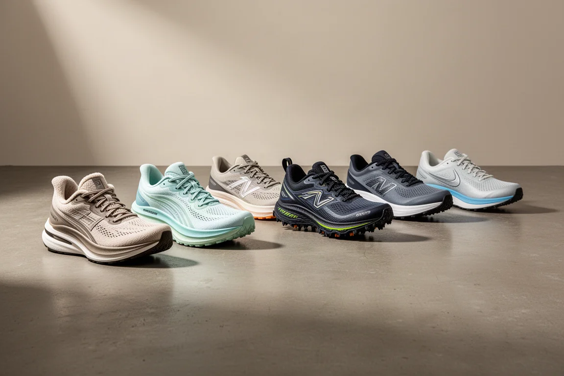 Nine running shoes of varied silhouettes lined up on a concrete studio floor
