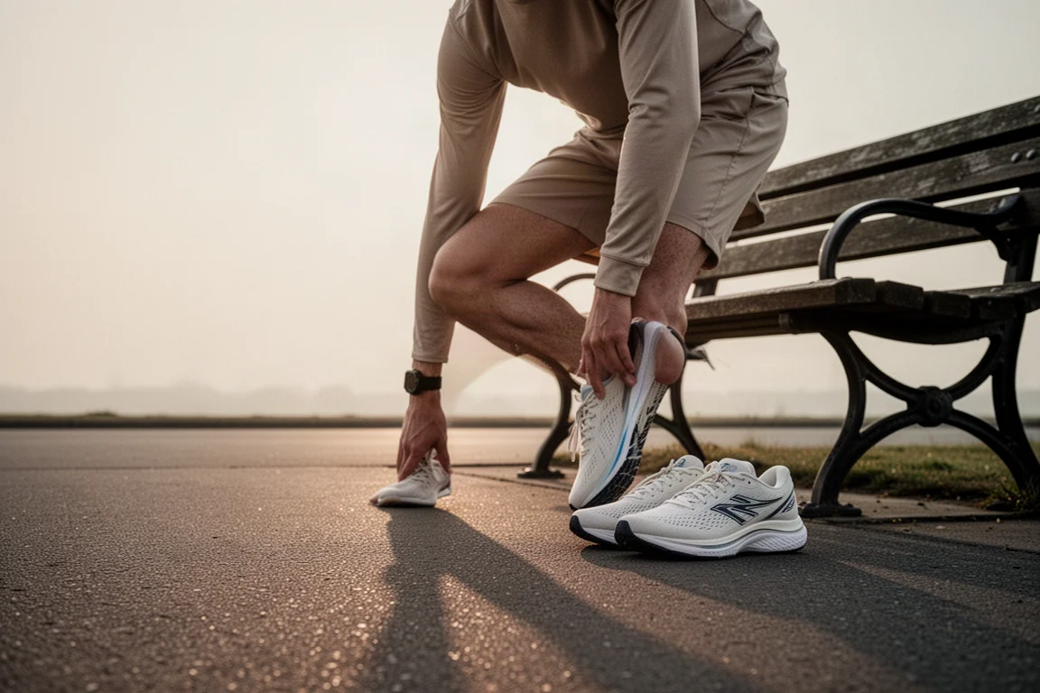 Coureur s'étirant à côté d'un banc, chaussures de running posées sur une route calme