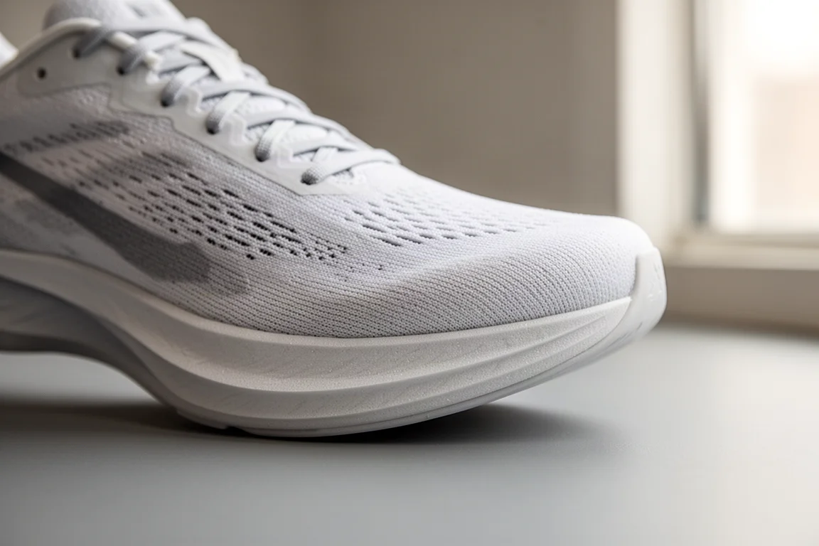 Gros plan sur la courbe du rocker avant d'une semelle intermédiaire de chaussure de compétition légère