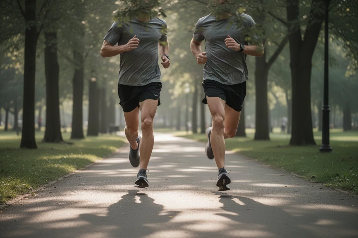 Coureurs lors d'une sortie longue facile sur une allée de parc bordée d'arbres