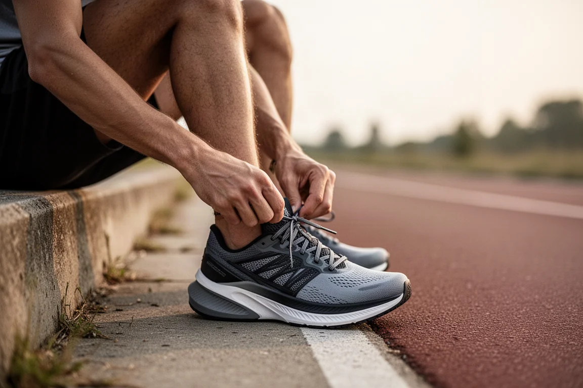 Coureur ajustant les lacets d'une chaussure d'entraînement à forte pile pendant une pause