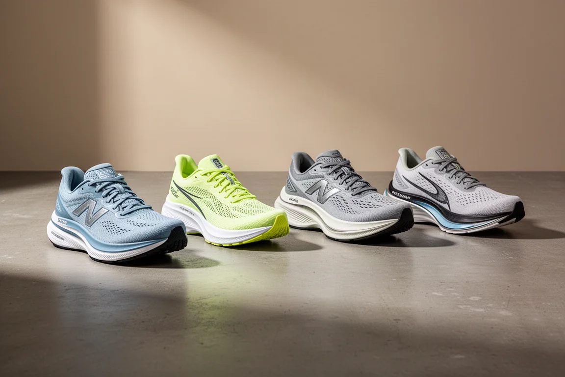 Five running shoes of varied silhouettes arranged on a concrete floor