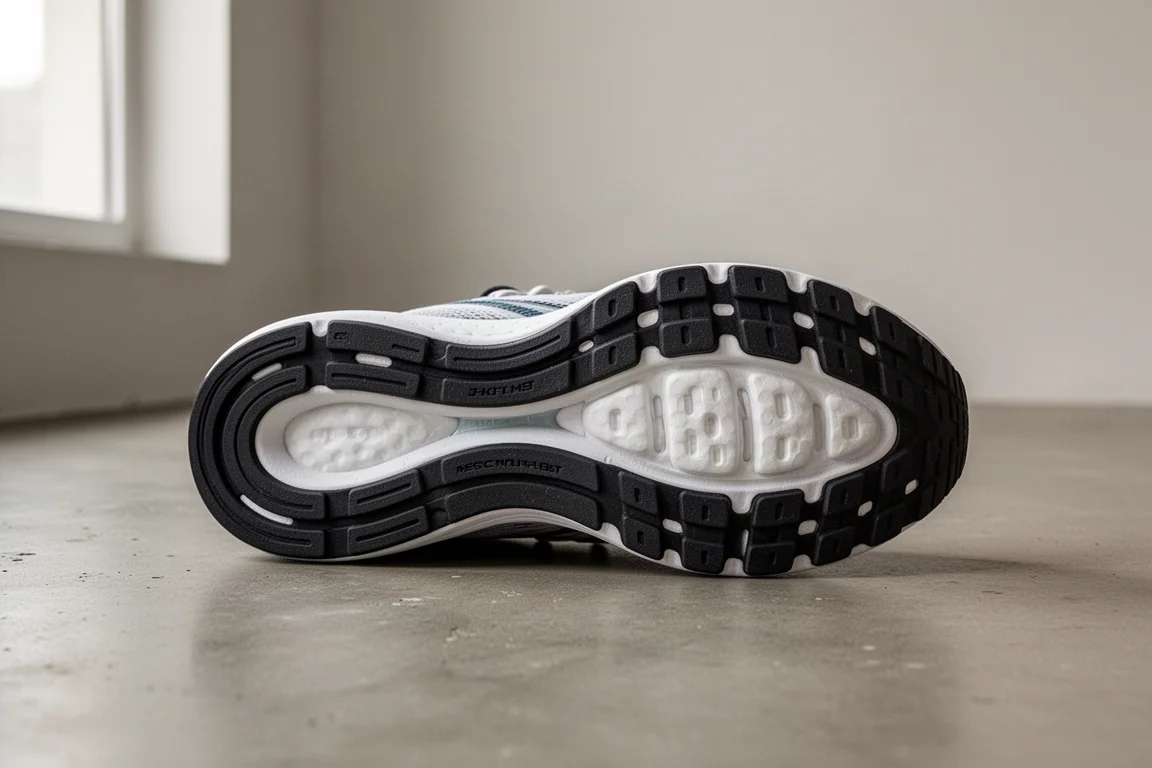 Gros plan sur la semelle intermédiaire d'une chaussure de running montrant une base large et stable