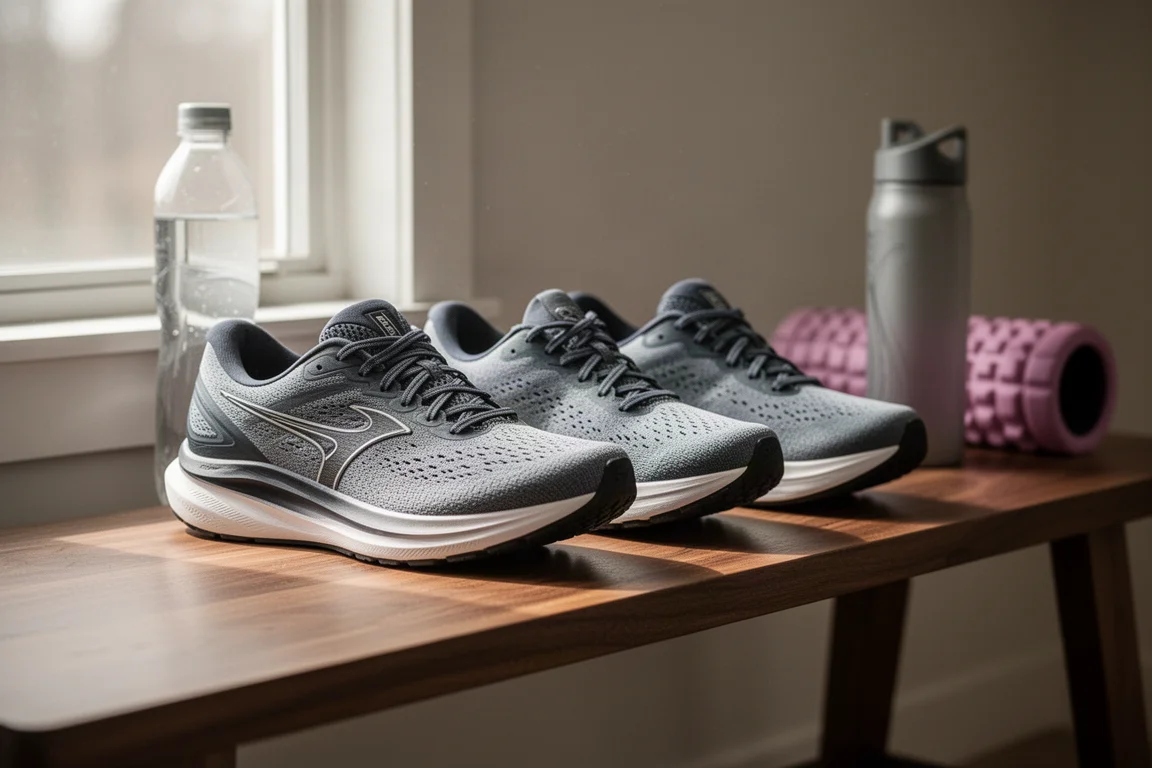 Chaussures de running amorties alignées sur un banc en bois avant une sortie