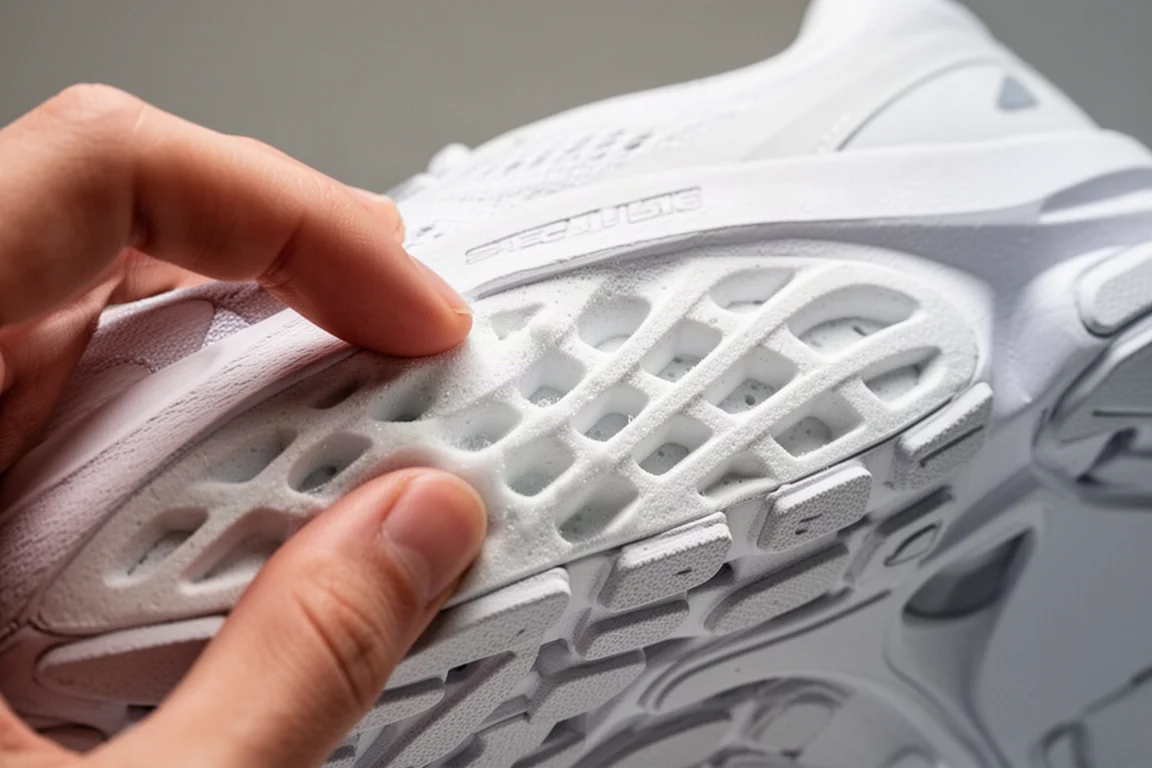 Primer plano de la espuma texturizada y gruesa de la mediasuela de una zapatilla bajo una luz suave