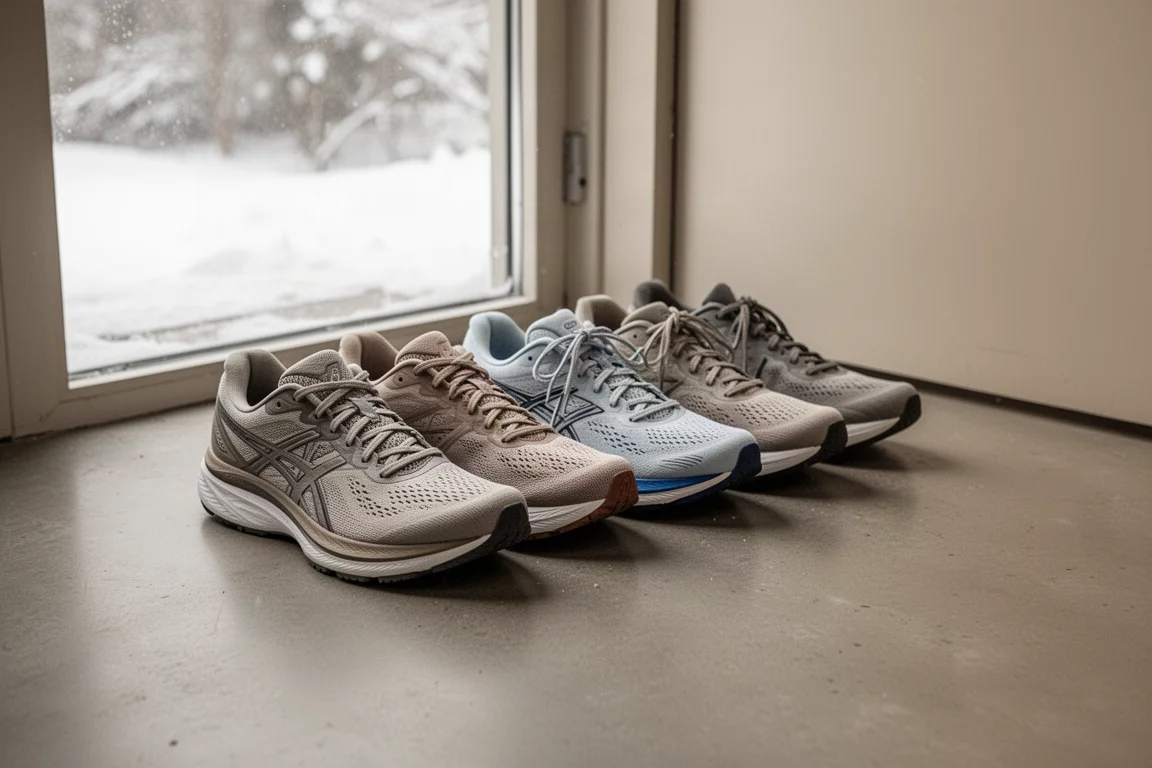 Zapatillas de running en fila sobre hormigón con nieve visible al fondo