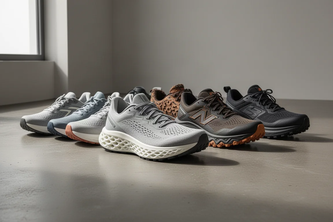 Eight running shoes of varied silhouettes lined up on a concrete floor