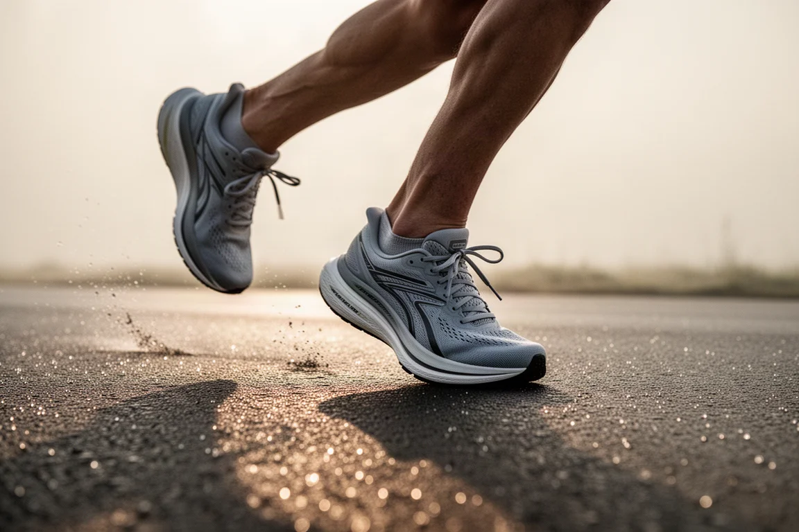 Coureur attachant ses chaussures de running sur le seuil d'une porte avant une sortie aux aurores