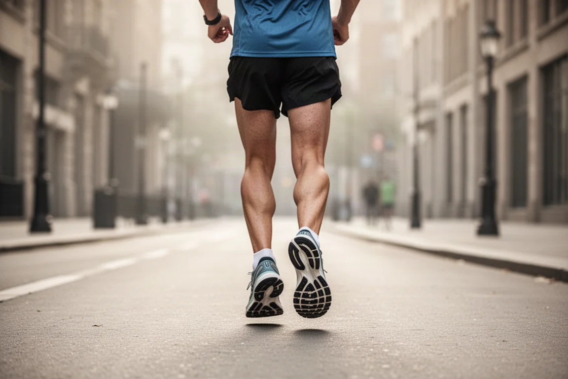 Runner logging easy morning miles on quiet city pavement