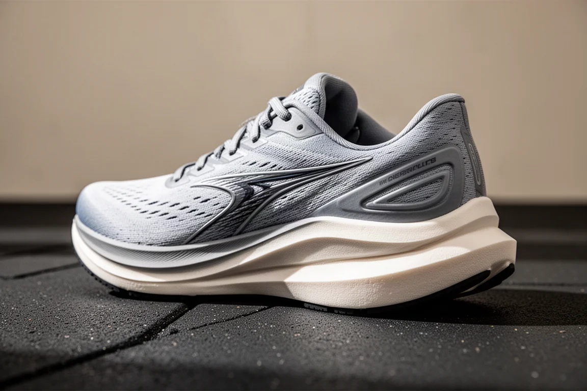Close-up of a wide, structured running shoe midsole on a gym floor
