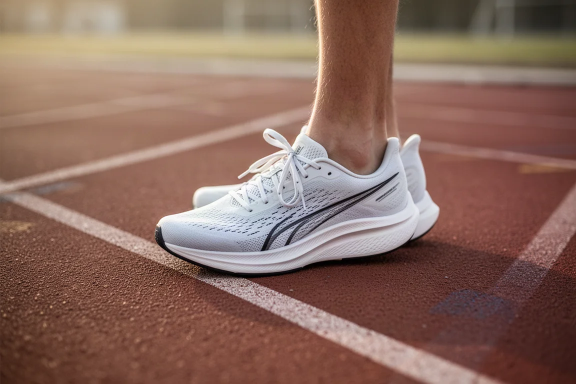 Track workout scene with lightweight performance trainer on a running track
