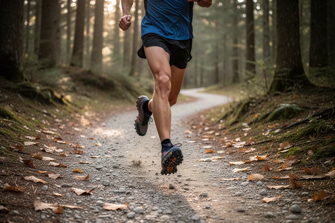 Trail runner on a winding forest path in soft afternoon light